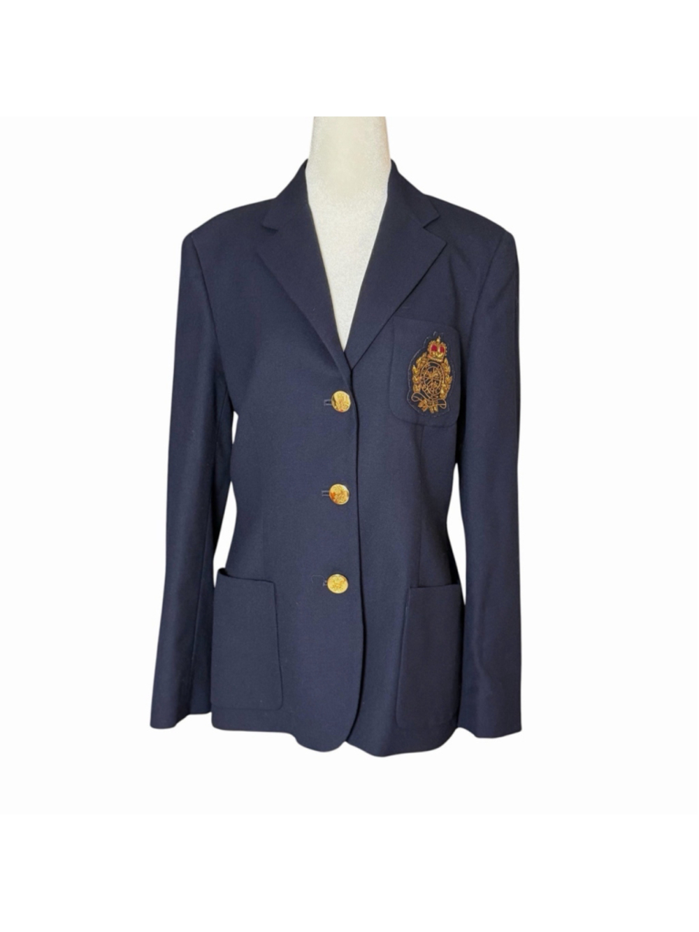 Lauren Ralph Lauren Embroidered Beaded Crown Crest 100% Wool Navy Blazer Size 6